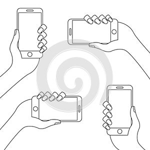 Female hand holding a smartphone with blank screen. Flat vector illustration isolated on white
