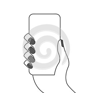 Female hand holding a smartphone with blank screen. Flat vector illustration isolated on white