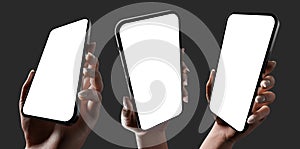 Female hand holding a smartphone with an empty screen. Set of 3D illustrations showcasing a close-up devices - a darkly lit scene