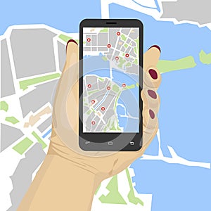 Female hand holding smartphone with mobile gps or glonass navigation map