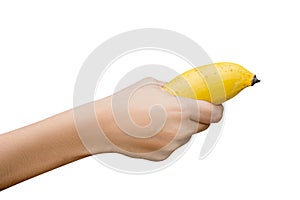 female hand holding steadily a banana isolated on white,