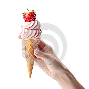 Female hand holding strawberry ice cream cone, isolated on white background with empty space AI-Generated