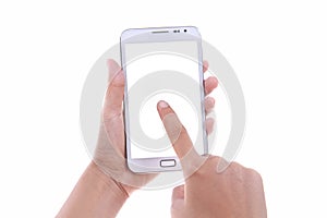 Female hand holding and touching blank screen smart phone