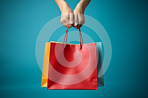 Female hand holding vibrant shopping bags on a blue backdrop