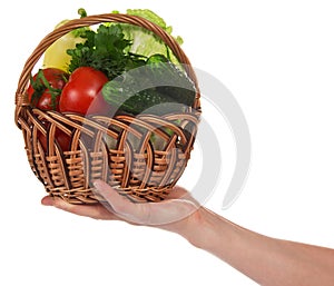 Female hand holds basket with vegetables