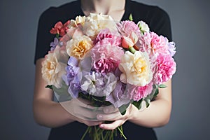 Female hand holds beautiful bouquet of carnation. Mothers day, holiday decor, Flower delivery concept. Generative AI