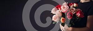 Female hand holds beautiful bouquet of roses. Mothers day, holiday decor, Flower delivery banner. Generative AI