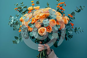 Female hand holds a bouquet of small orange roses and eucalyptus close-up.