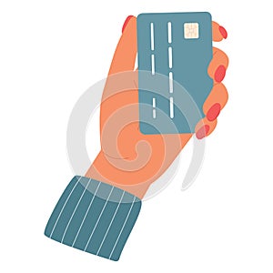 Female hand holds credit card. Cashless wireless payment. Pay by debit card. Vector