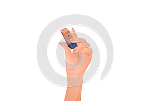 Female hand holds an eraser. Information erasing unnecessary with blue red eraser cleaning up.