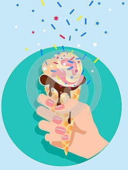 Female hand holds an ice cream cone. Flat style. Cartoon vector