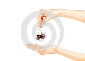 The female hand holds two red cherry berries. Isolated on white