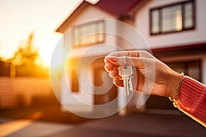 Female hand with house keys outdoors on background of cottage in sunlight. Concept of mortgage, investment, rent, real