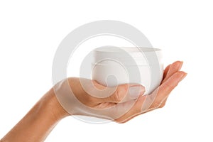 Female hand with jar of body lotion