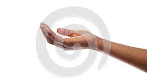 Female hand keeping empty cupped palm isolated on white background