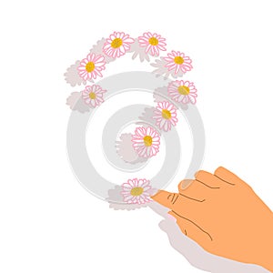 A female hand laid out a question mark with daisies. Beautiful simple pink flowers. The concept of sensitive, personal