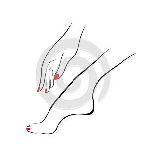 Female hand and leg with red nails, manicure, pedicure. Logotype