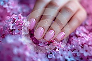 Female hand with lilac manicure in flowers close-up, top view.