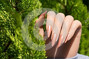 Female hand with long nails with glitter nail polish. Long beige nail design. Woman hand with beige manicure on tropical