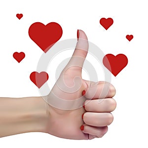 Female hand with manicure on a white background shows thumb up sign