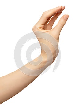 Female hand measuring invisible item. Palm show pinch or size Isolated on white. Part of series