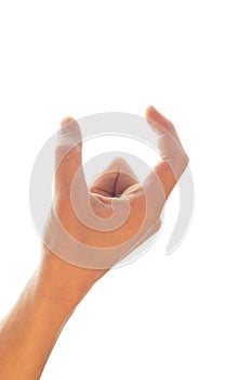 Female hand measuring invisible items, woman`s palm making gesture while showing small amount of something on white isolated