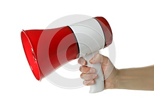 Female hand with megaphone isolated on white background