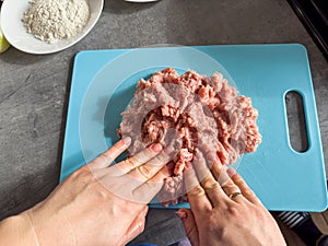 female hand mix minced meat in a metal bowl or make making hamburgers in kitchen