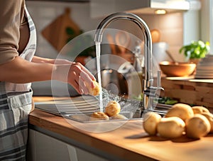 Female hand with modern chrome faucet. Kitchen modern faucet in the kitchen