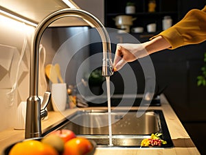 Female hand with modern chrome faucet. Kitchen modern faucet in the kitchen