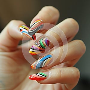 Female hand with multicolored nail design. Nail art.