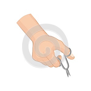 Female hand with nail scissors. Hand care and manicure theme. Flat vector element for advertising poster of beauty