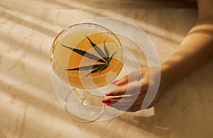 A female hand with a neat red manicure reaches for an elegant long-stemmed glass with a cocktail with cannabis leaves. A delicious