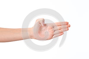 Female hand outstretched to the side and showing the Palm of your isolated on white background