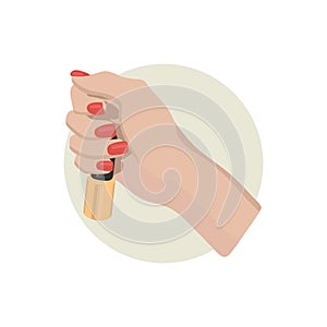 Female hand with painted nails, red manicure symbol. Sticker in a circle, for nail bar ,beauty salon,manicurist sticker and social