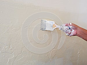 Female Hand painting the wall with paint brush. Home renovating with color