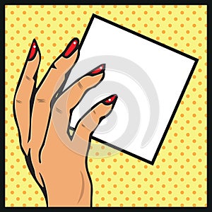 Female Hand with paper or card blank in her hand pop art illustration or poster