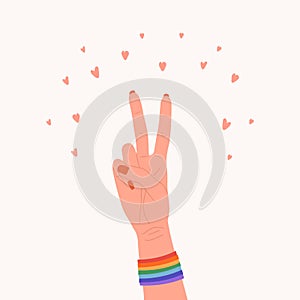 Female hand in peace gesture with rainbow bands. Happy Pride Month concept. Gay parade element. LGBT rights. Vector