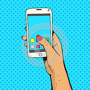 Female hand with phone pop art vector