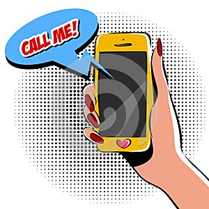 Female hand with phone pop art vector illustration. Comic book style imitation. Colorful