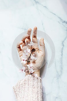 Female hand with pink almond flowers coming out of the sleeve on marble background. Spring concept