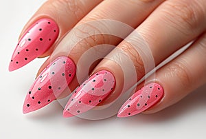 Female hand with pink manicure with polka dot pattern on white background close-up.