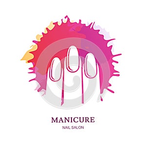 Female hand in pink nail polish splash, isolated on white background. Vector logo, label, emblem design elements.