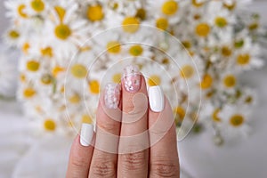 Female hand with pink and white manicure nails