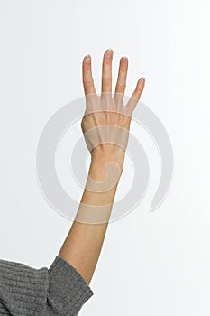 Female hand pointing up with finger number four