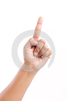 Female hand pointing up to blank space