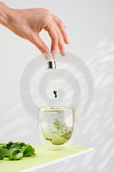 Female hand pours liquid chlorophyll into a glass of water with a dropper. Glass of liquid chlorophyl and fresh herbs on the green