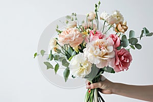 Female Hand presents Elegant bouquet of mixed roses and blossoms in soft pinks and white tones