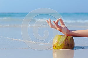 Female hand propped on coconut on sea background photo