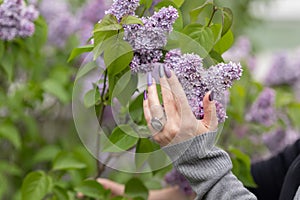 Female hand with purple lilac manicure holds a bottle of nail polish